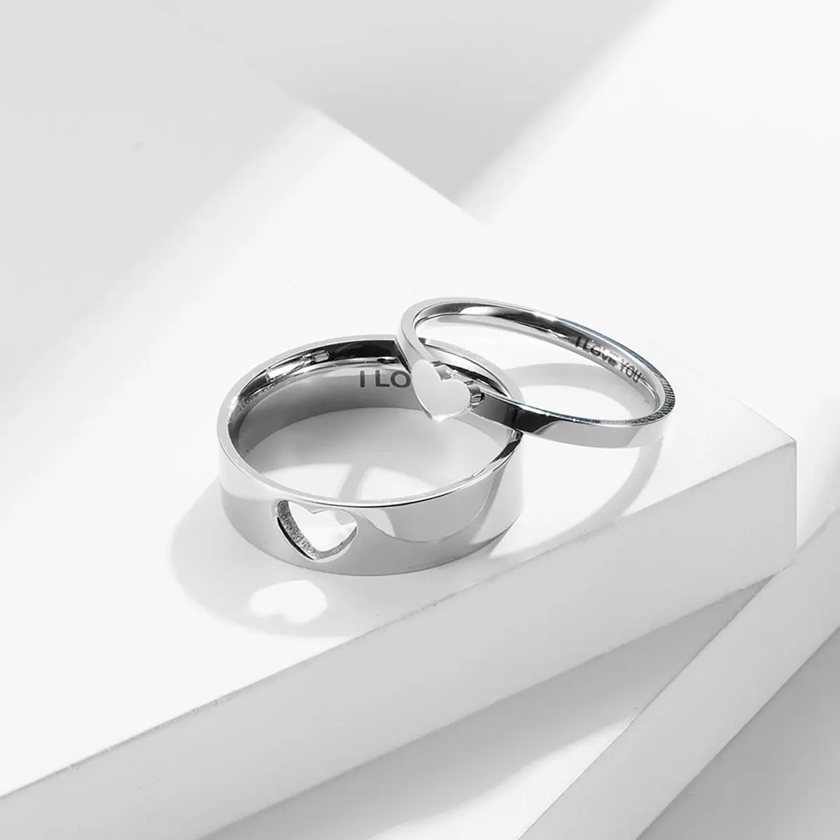 Heart Shaped Promise Rings for Couples, Stainless Steel Fit-Together Matching Set with 'I Love You' Engraving, Romantic Fashion Jewelry for Anniversary, Thanksgiving, Engraved Ring, Heart Shaped Ring