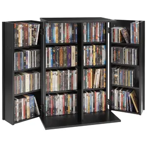 summervibes 4-Tier Media Storage Cabinet with Wall Anchor, Widened Base, 24.02x14.49x33.31in DVD/CD Display Racks Shelf Organizer for Living Room, Home Office, Black
