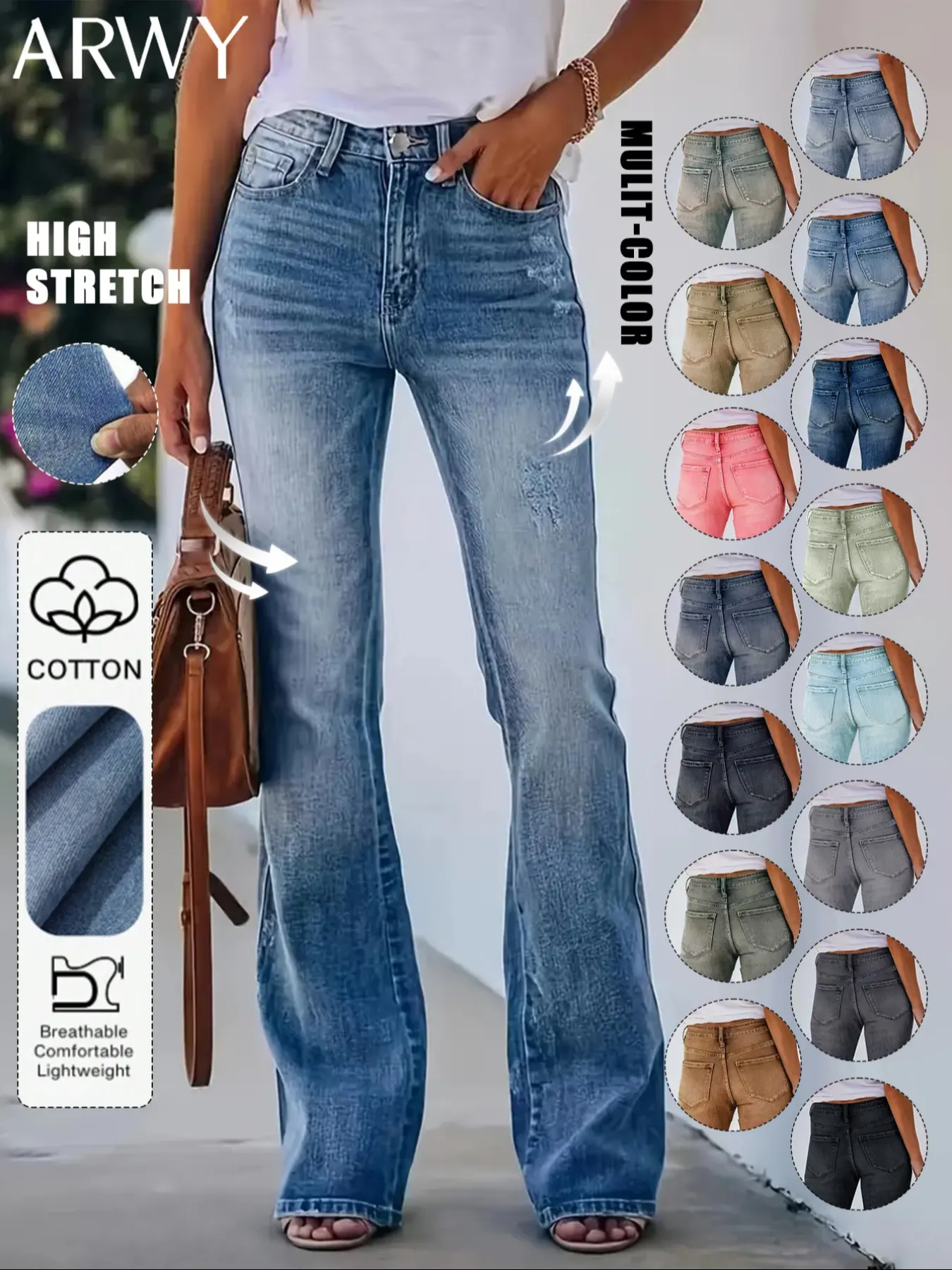 Women's Bohemian Gradient Slim-Fit Flare Leg Denim Jeans for All Seasons, Medium-Wash Denim Mid-Waist Stretchy Pants with Pockets, Womenswear