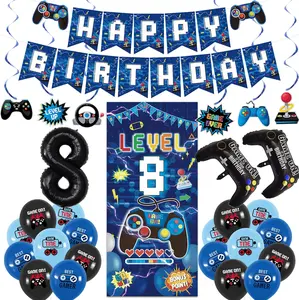 Blue 8th Birthday Decorations for Boys, Video Game Level 8 Banner Backdrop Hanging Swirls for 8th Birthday Party, Gamer 8 Years Old Party Supplies Ornaments