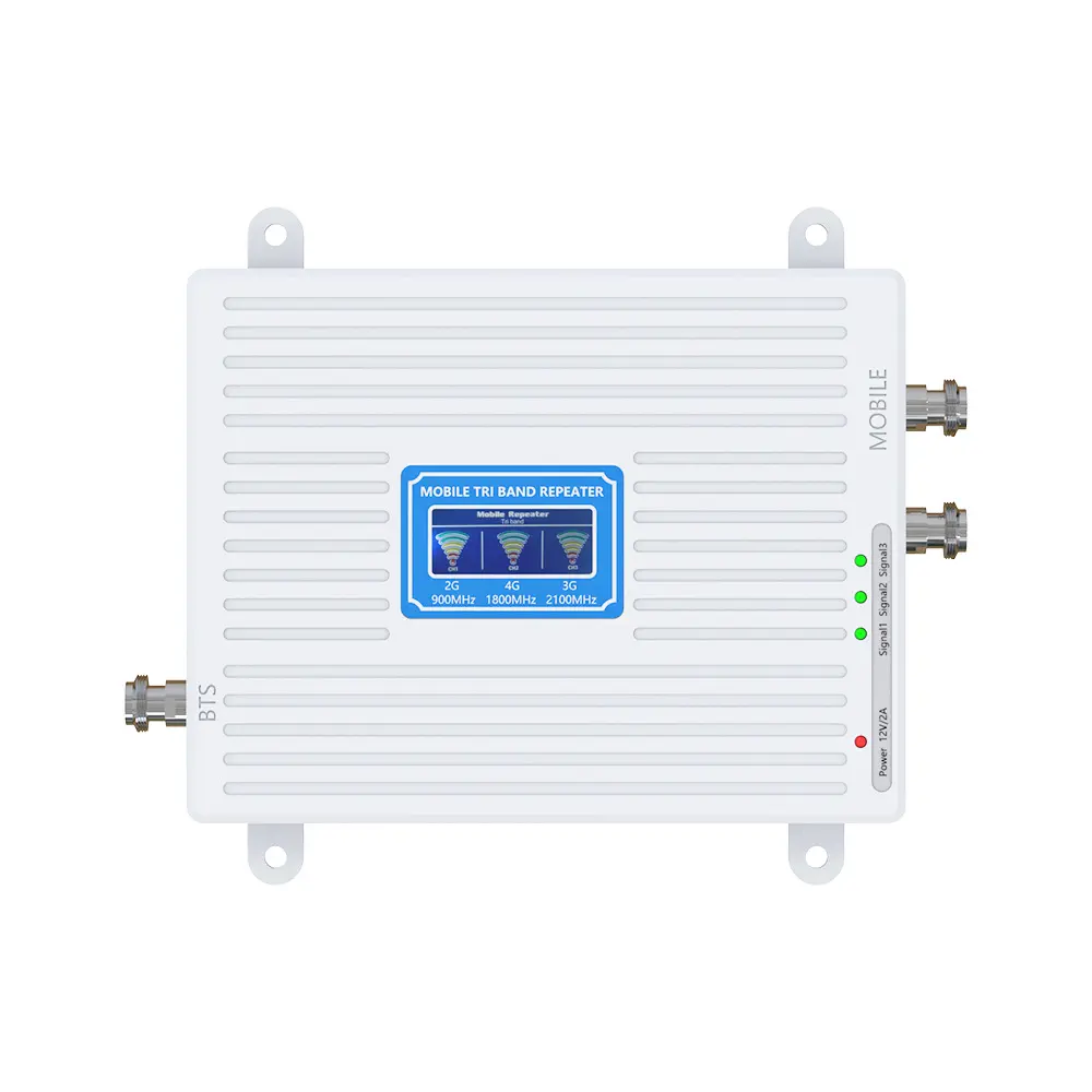 Mobile phone signal amplifier enhances reception, 4G/5G extender/repeater for all three networks, full tri-band coverage