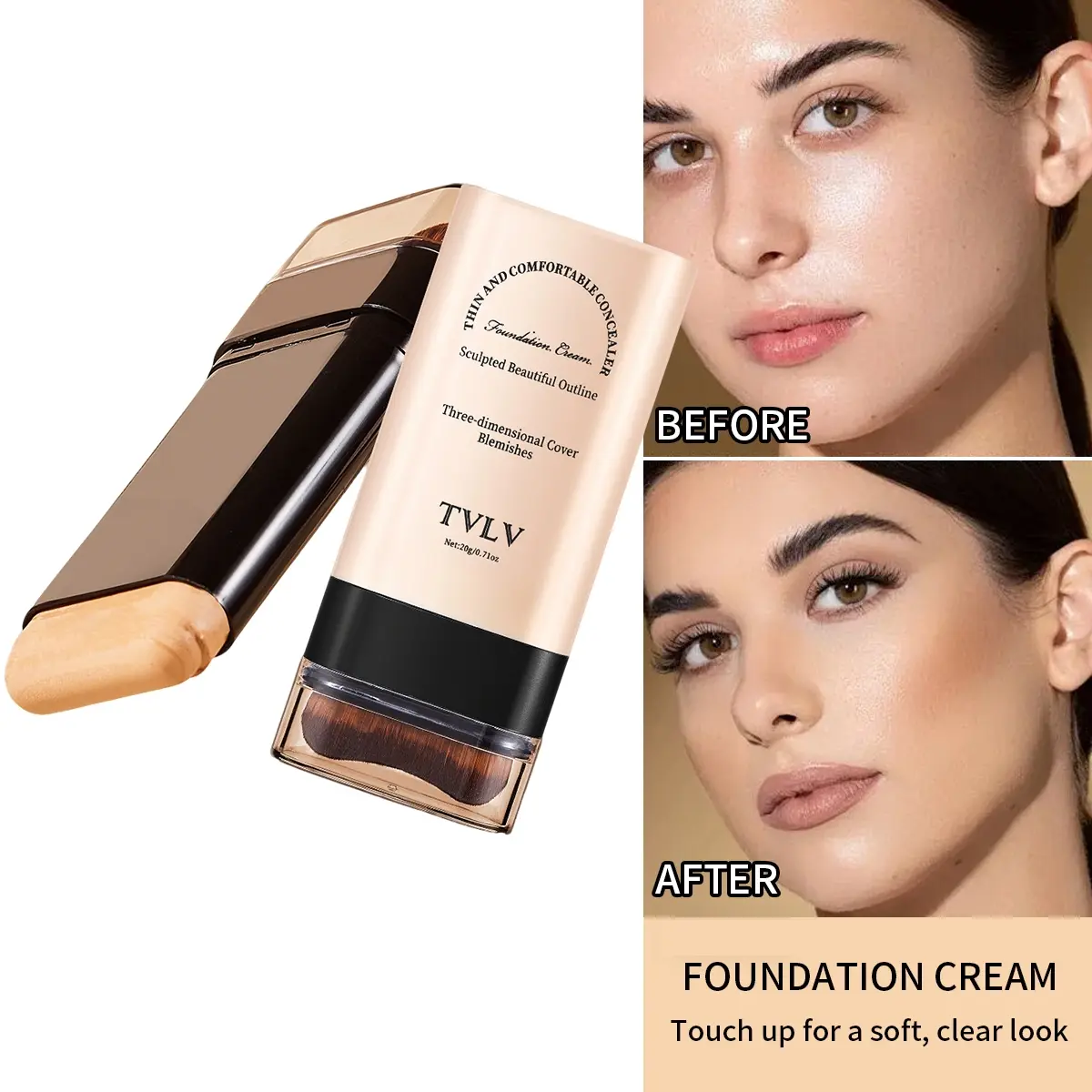 Brush-Tip Concealer Foundation Cream - Enhance Makeup Long Lasting Pigmented, Natural Soft Daily Look, Flawless Complexion