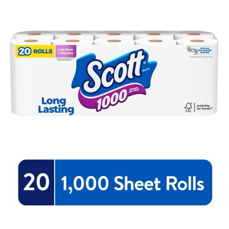 Scott 1000 Toilet Paper 20 Rolls 1000 Sheets Per Roll High-Quality Convenient Bathroom Supply