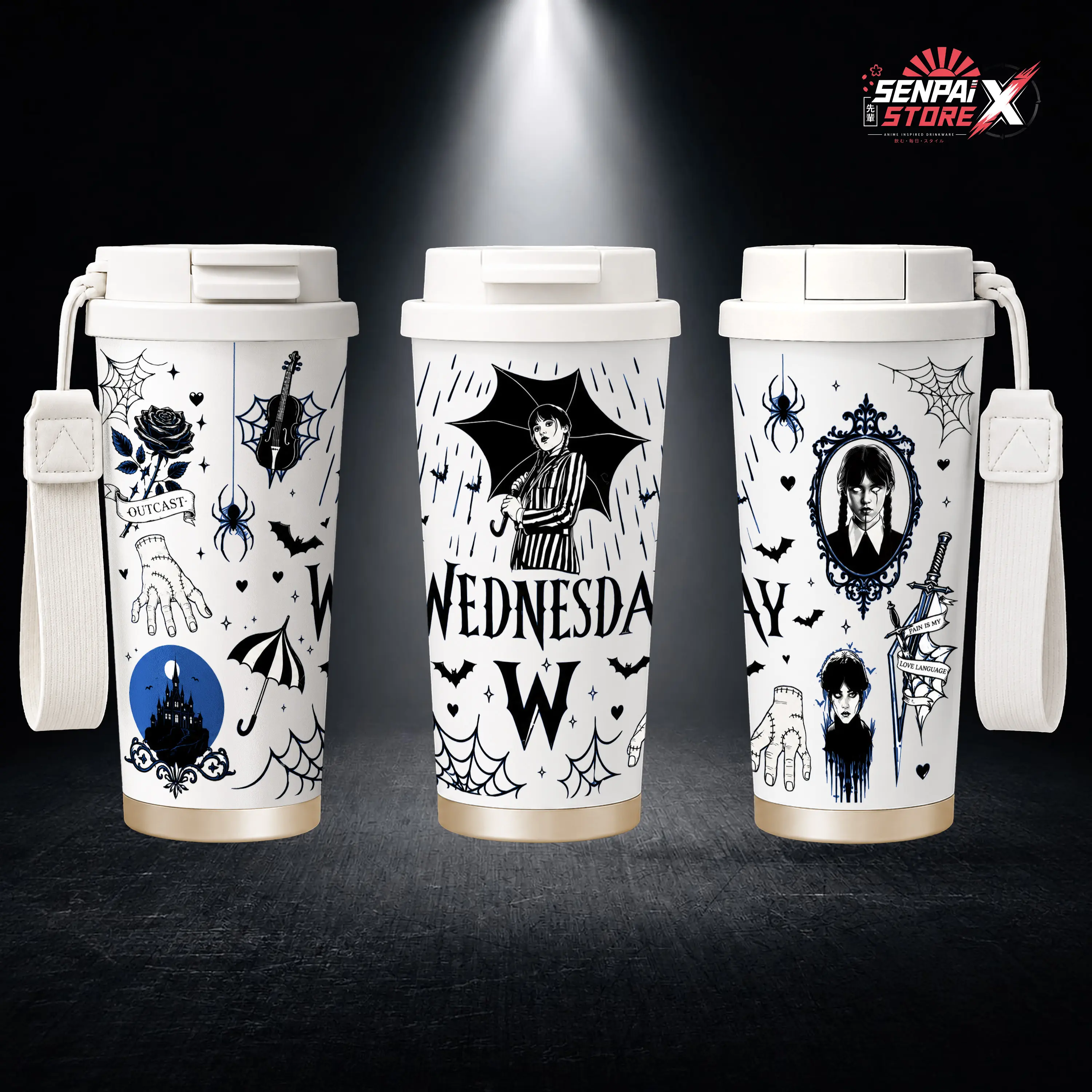 Wednesday Addams & Thing - Wednesday Nevermore Academy - Gothic Halloween Spider Web Umbrella Embossed Raised Art - 17oz 24oz 30oz Insulated Tumbler, Stainless Steel Water Bottle, Straw Cup, Handle Travel Mug