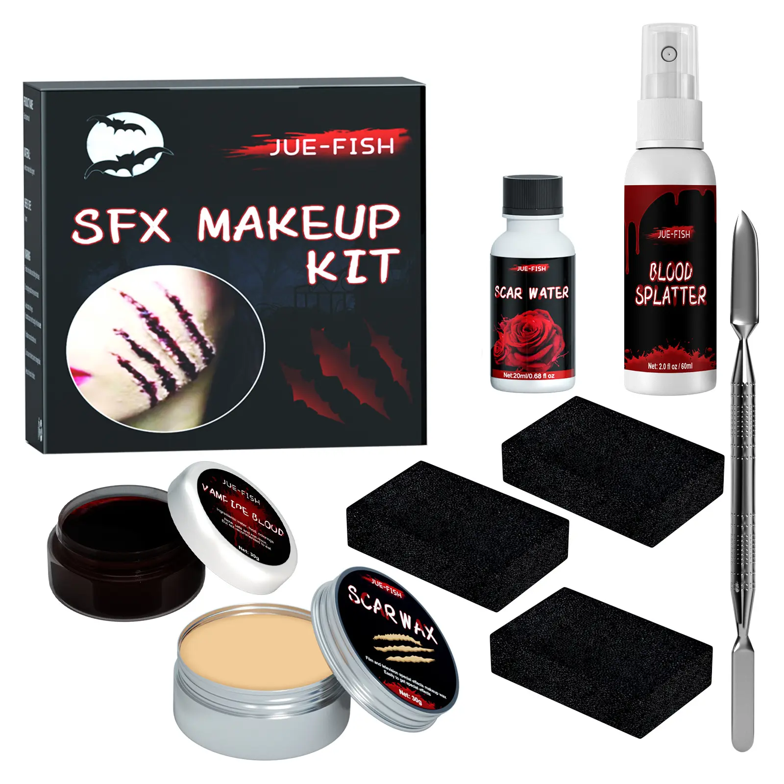 Jue-Fish 6-Piece Halloween Makeup Kit, Body Makeup, Non-Toxic Fake Blood and Wound Makeup, Makeup Products, Perfect for Halloween Parties and Costume Events