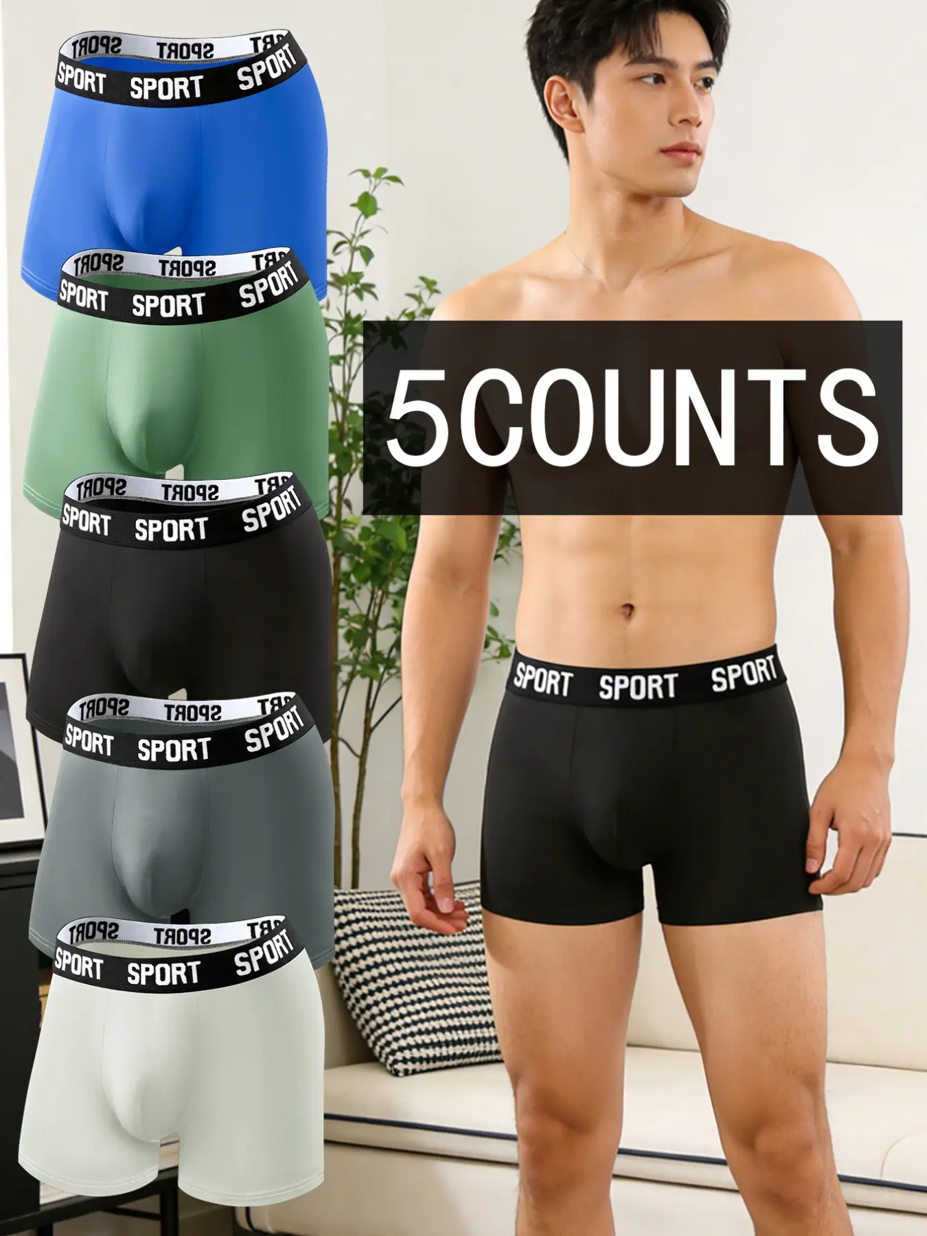 5 pcs men's slim fit Long style flat cornered Athletic underwear, Soft, lightweight, elastic waistband, Stretchy Underwear, suitable for Four Seasons sports and daily casual wear, suitable for outdoor activities, Workout sportswear