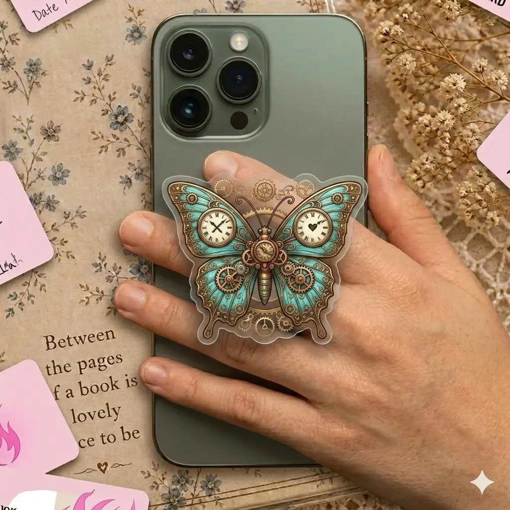 Steampunk Butterfly Phone Grip Clear Acrylic Griptok - Aesthetic Mechanical Teal Blue Insect Cell Phone Stand Holder, Vintage Gears Clockwork Kindle Ereader Ring Accessory, Gothic Whimsical Gift for Bookworms E-Girls
