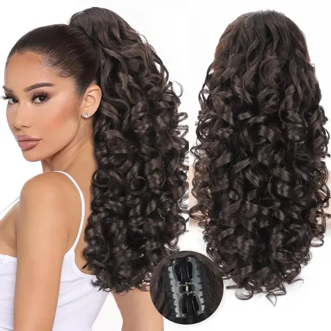 20 in Synthetic Curly Ponytail Extension - Scratch-Resistant Claw Jaw Clip (Scratchproof Clip Resists Wear), Fluffy Natural Soft, Medium Brown Synthetic Fibers, Instant Pony for Dates and Parties, Daily Use, Costumes