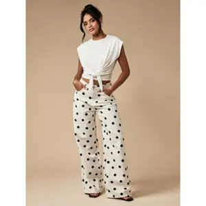 Women’s fashionable abstract polka dot print loose pocket casual wide-leg pants, comfortable high-waisted pants, suitable for everyday wear