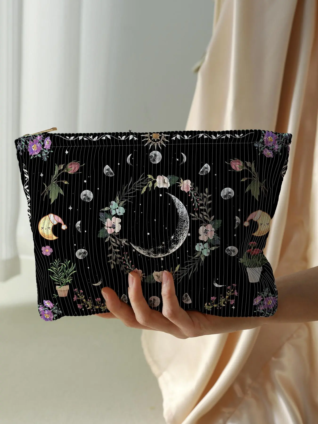 Floral & Moon Pattern Corduroy Makeup Bag, Large Capacity Zipper Cosmetic Storage Bag, Lightweight Multi-functional Toiletry Bag for Women & Girls, Travel Cosmetic Bags, Travel Essentials, Travel Accessory, Makeup Organizer Pouch, Travel Beauty Bag