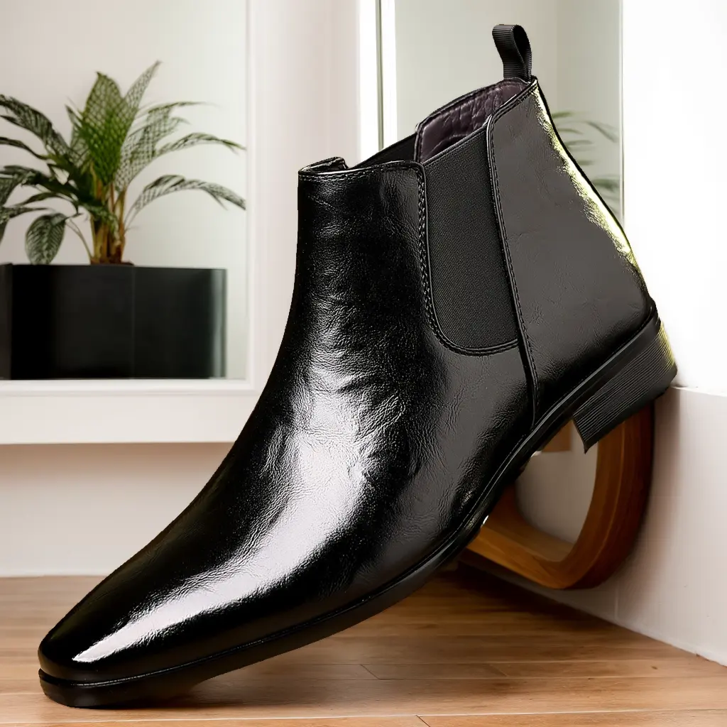 Men’s Elegant Pointed-Toe Chelsea Boots - Slip-On High-Top Walking Footwear for Business, Casual Outfits (Black)