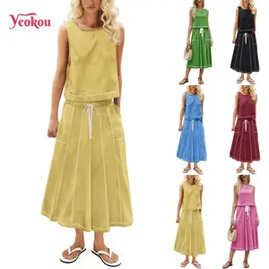 YeoKou Women's Tank and Skirt Set High Neckline Drawstring Waist Mid-Rise Coordinating Fabric Casual Chic Wardrobe Staple