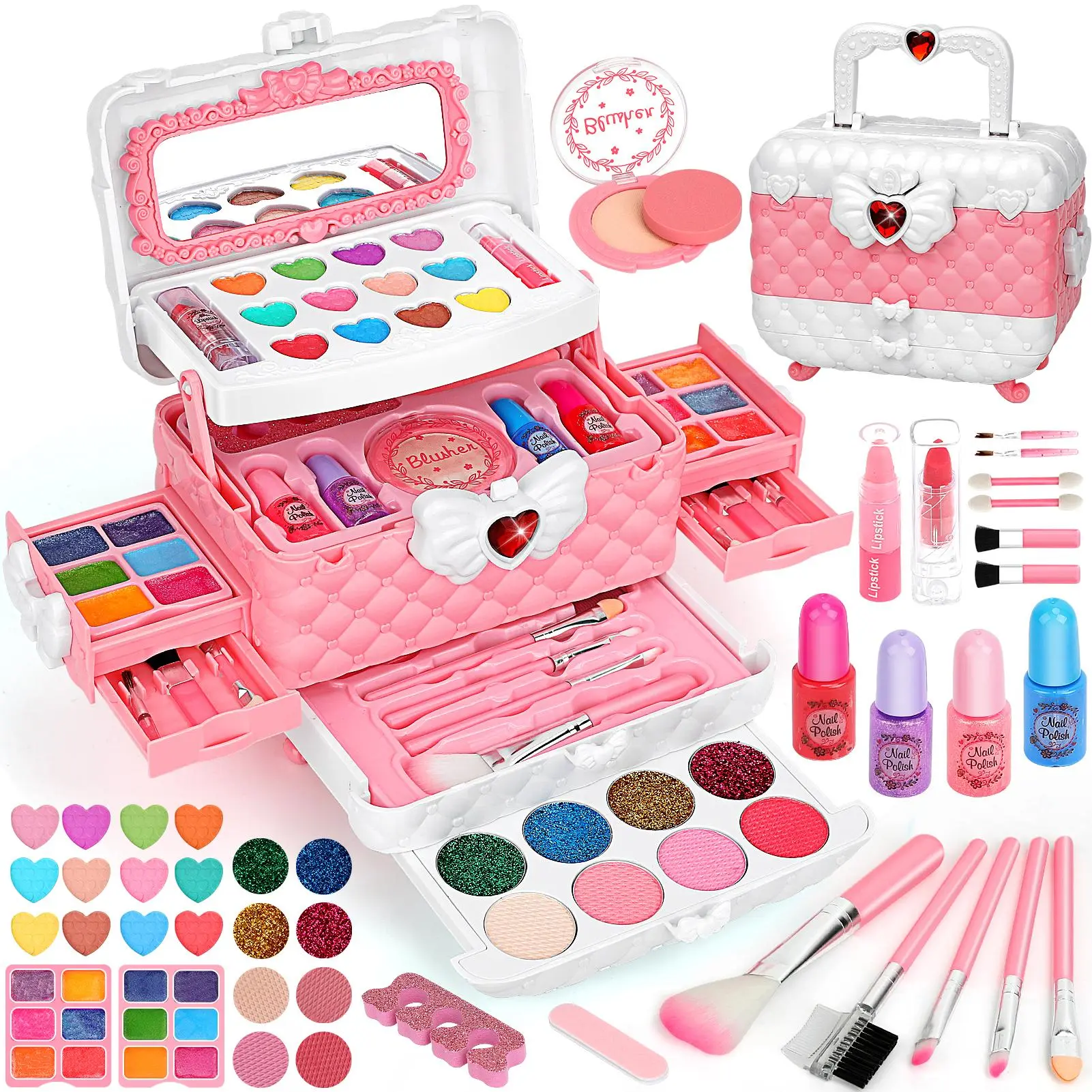 54 Pcs Purple Kids Makeup Kit, Non-Toxic Washable Real Makeup Toy Set Playset for Girls, Princess Pretend Play Beauty Roleplay Toys, Perfect Birthday Party Holiday Christmas Gifts for Girls Ages 3 4 5 6 7 8 9 10 11 12 (Pink)