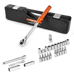 【fathersdaygift】VEVOR Click Torque Wrench Set, 3/8 Inch Drive, 5-60 N.m / 3.7-44.3 lbf.ft, Dual-direction, 72-Tooth, ±3% High Precision, with Sockets, Bits, Extension Bar, Spark Plug Sockets, Adapter, Orange, Socket Ratchet Wrench