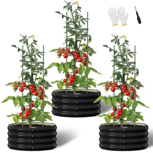 #Summervibes ABORON 3 Pcs 24x24x12in Round Galvanized Raised Garden Bed with Tomato Cages, Metal Planter Box for Planting Plants Vegetables Herbs Flowers