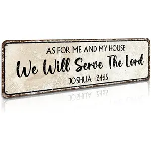 Christian Wall Art Decor - Religious Bible Verses Sign for Gifts, Home, Living Room & Bedroom - Inspirational Scripture Quotes Signs - Joshua 24:15 As For Me We Will Serve the Lord, 4" by 16" Metal