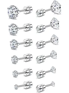 Hypoallergenic 20g Screw Back Stud Earrings, Unisex Silver Color & Stainless Steel Jewelry, Birthstone Cubic Zirconia Design