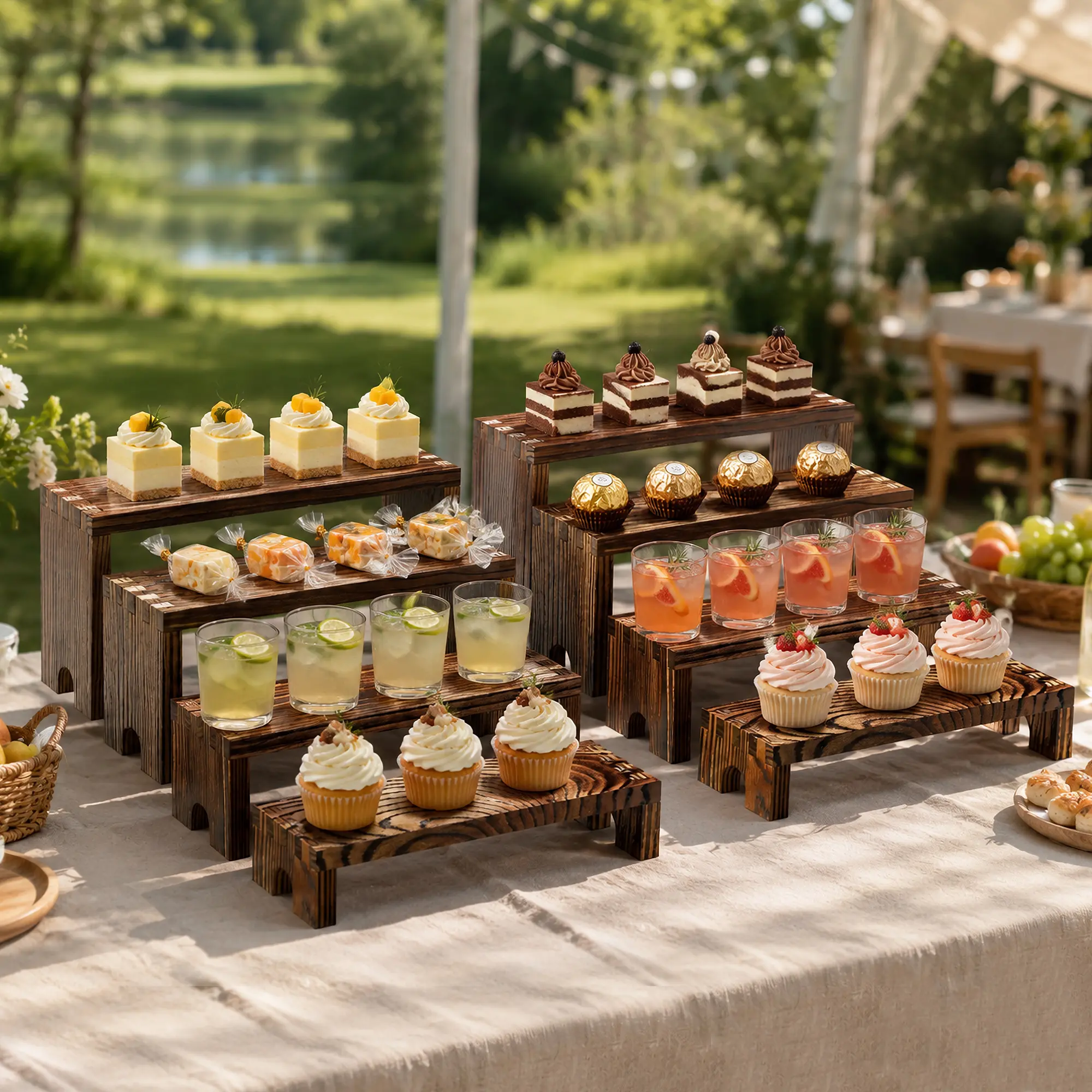 Wooden Cupcake Stand Set - 2-Set 4-Layer Stackable Solid Pine Sturdy Display Shelf (8 Pcs Cupcake Holders) for Housewarming, Ceremony, Party Decor, Cheese Serving & Farmhouse Buffet Supplies
