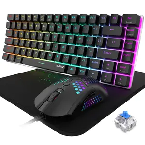 AK33 Wired Mechanical Gaming Keyboard and Mouse and Mouse Pad, Rainbow Backlit, Superlight RGB Gaming Mouse,12000DPI Optical Sensor, 6 Programmable Buttons Mice for PC Gamers