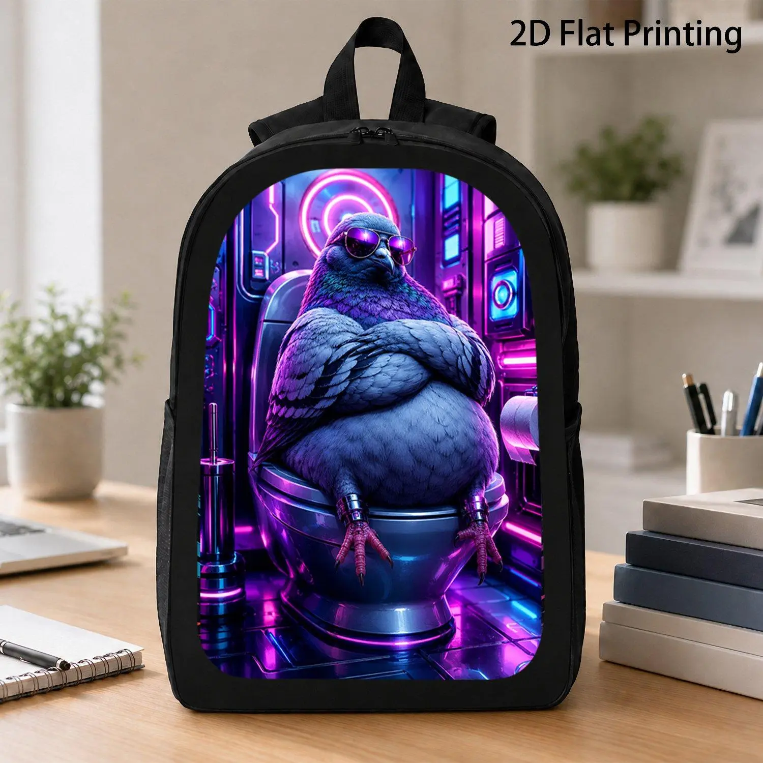 [17 Inch Backpack] 1pc Cyberpunk Cool Pigeon With Sunglasses On Toilet Graphic Backpack Futuristic Animal Backpack Casual Laptop Backpack For Travel And Daily Use