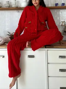 Women's Flannel Pajama Set, Sweet Style Winter Warm Home Wear Loungewear, Long Sleeve Top & Pants with Pockets, Thickened Fabric for Fall & Winter