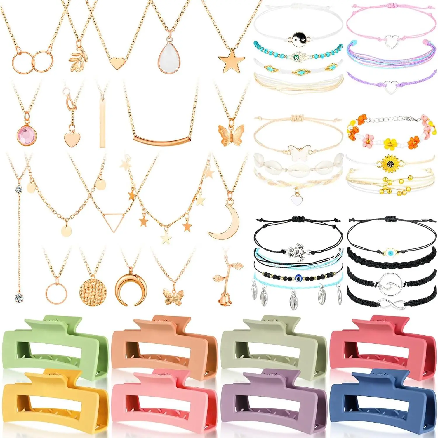 Women's 49-Count Cute Textured Artsy Christmas Accessories Set - Home Supplies for Skin Care Routines, Surfer Wave String Friendship Bracelets, Layered Chokers, Square Claw Clips for Wash Face, Birthday Gifting
