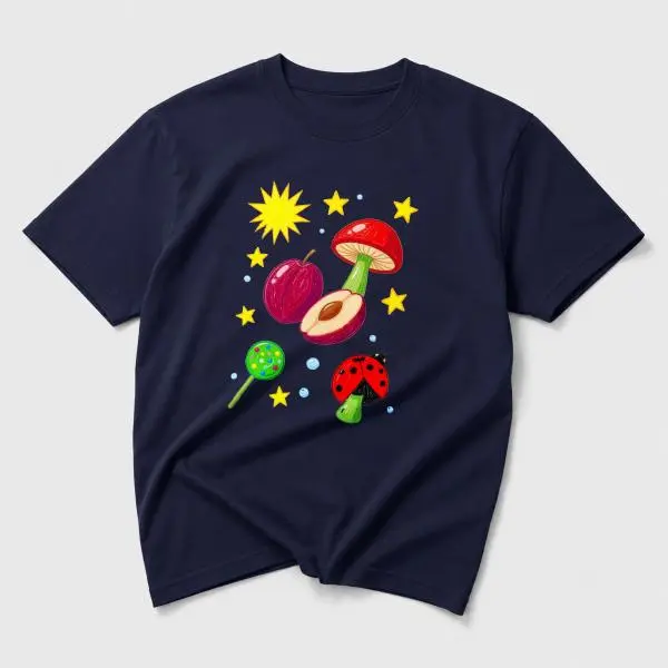 CARPESUN Women's Whimsical Fairycore Short-Sleeve T-Shirt - Cute Mushroom, Plum, Ladybug & Star Print, Soft Cotton Jersey Fabric, Unisex Casual Daily Wear, Single-Piece Pack
