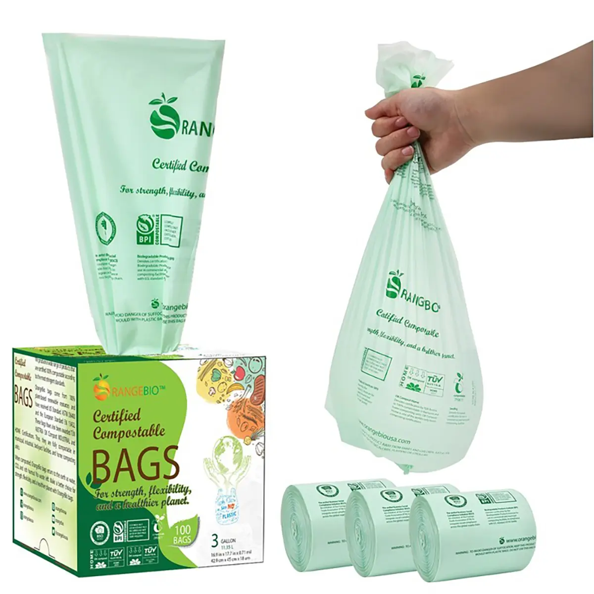 OrangeBio 100% Certified Home Compostable Trash Bags, 3 Gallon, 100 Count, Extra Thick 0.71 Mil, Small Kitchen Garbage Bags, Compatible with Kitchen Compost Bin US BPI and OK Compost Home Certified