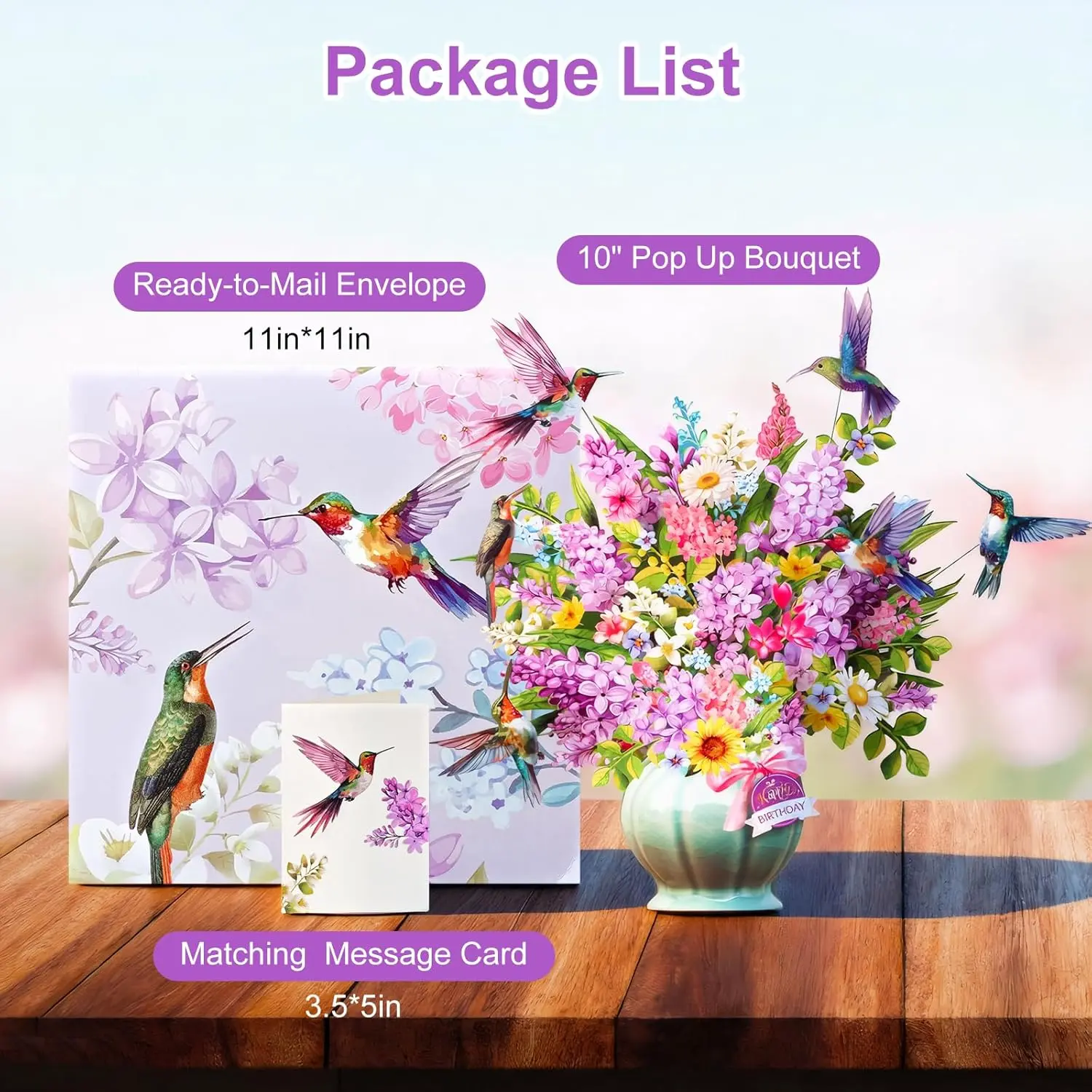 10 in Lavender 3D Paper Greeting Card & Invitation Envelopes with Pink Flowers, Eternal Bouquet, Rainbow Gradients, Hummingbird Table Decor, LED Lighting, Music, Blank Note Sheet - Luxury Office Stationery for Ladies' Birthday Gifting