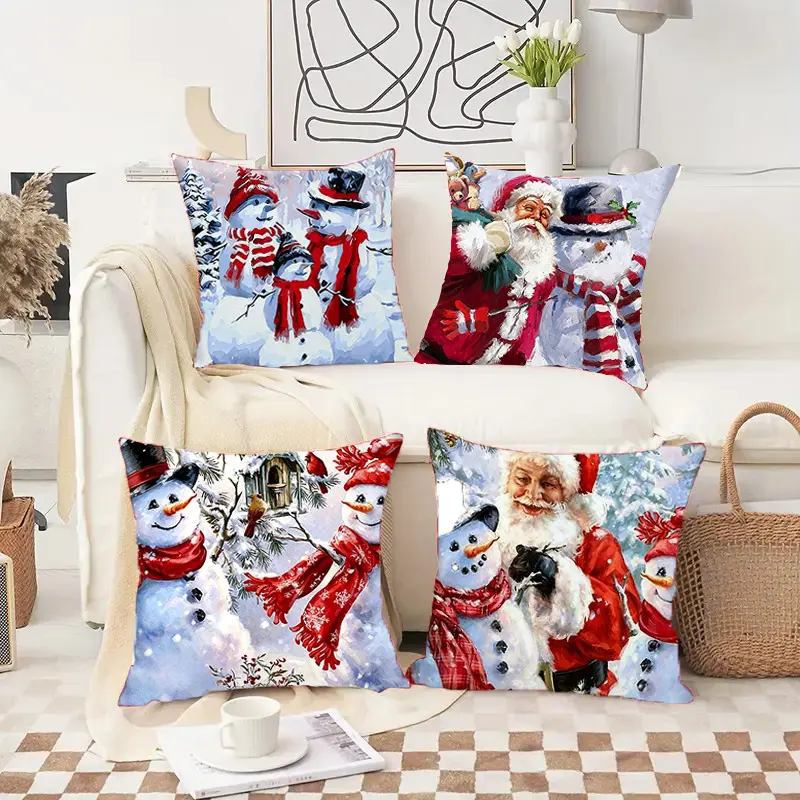 4PCS Vintage Watercolor Christmas Throw Pillow Covers, Santa Claus & Snowman Pattern Decorative Cushion Cases, Winter Holiday Home Sofa Couch Pillowcase Decor
