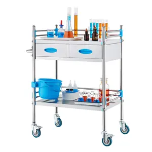 VEVOR Service Cart, 2 Layers Stainless Steel Utility Rolling Cart, Medical Cart with Two Drawers, Dental Utility Cart with Lockable Wheels and A Bucket, Ideal for Laboratory, Hospital, Dental Use
