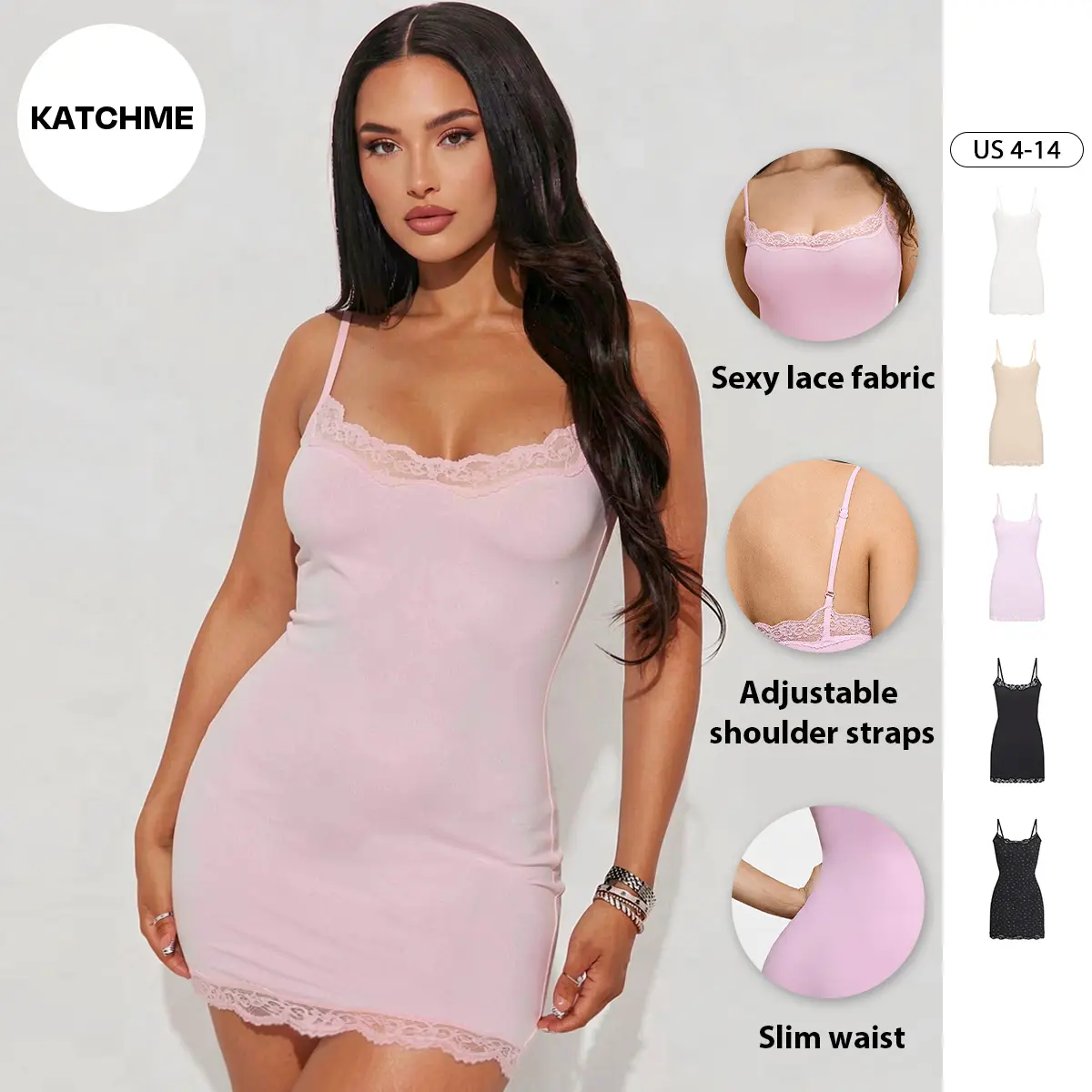 KatchMe Lace Series Women's Spaghetti Strap Lace Trim Breathable Nightdress, Minimalist Solid Color Mini Dress, Seamless Lightweight Chic Nightwear