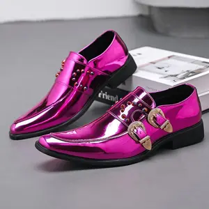 UYCEKK Men's British-Style Business Casual s - Large Size Pink/Golden Low-Top with Double-Buckle Strap & Rivet Accent, Anti-Slip Rubber Sole Suitable for Weddings, Office, Formal Events