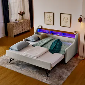 Upholstered Twin Daybed with Popup Trundle & Wireless Charger, Bed Frame with LED/USB/Type-C Ports & Storage Headboard, Twin-to-King Trundle Bed for Bedroom, Living Room, No Box Spring Needed, Beige