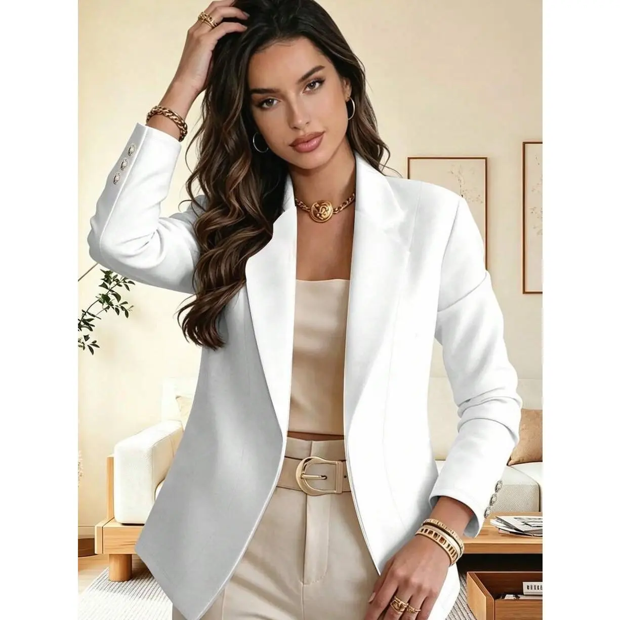 Women's Elegant Knit Blazer, Long Sleeve Open Front Commuter Jacket with Button Details
