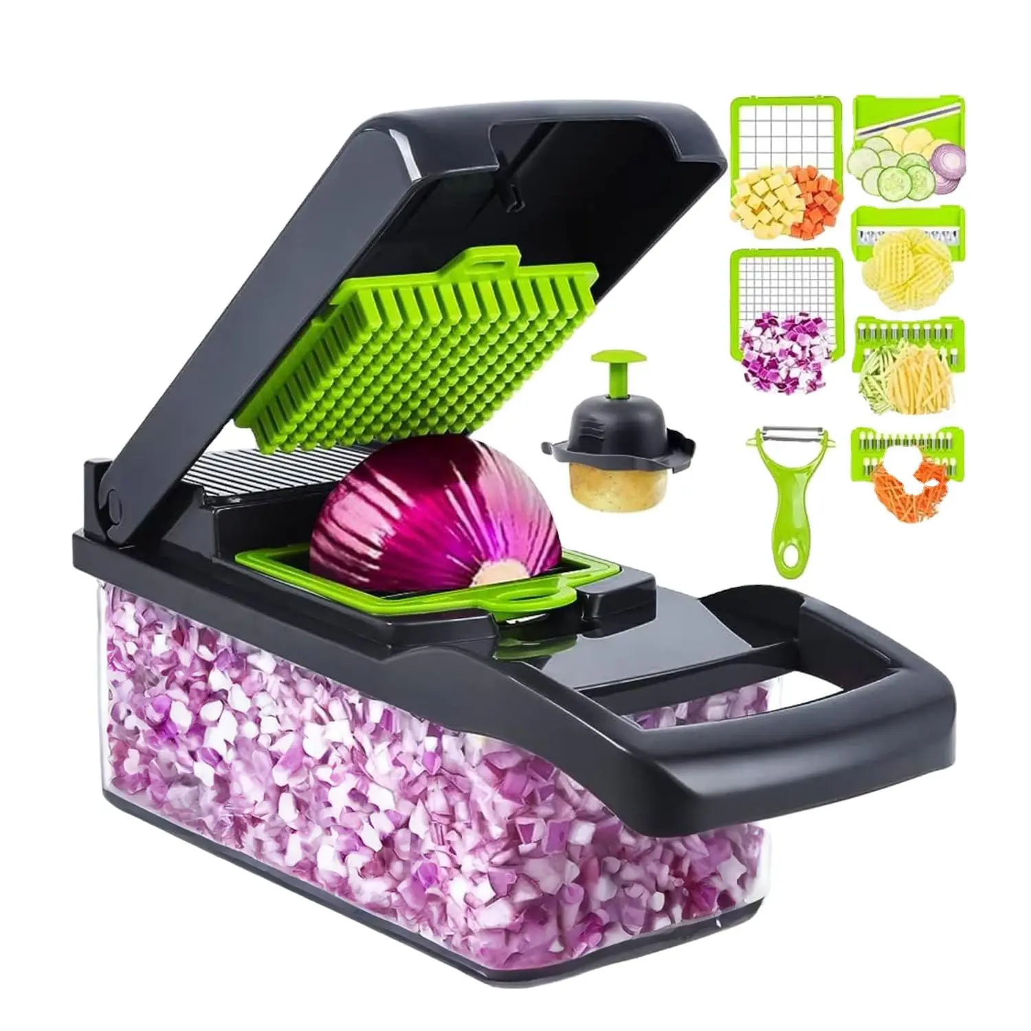 Handheld 14-in-1 Stainless Steel Blade Kitchen Food Processor - Manual Multifunctional Vegetable Chopper, Slicer, Dicer with Reusable Plastic Storage Container