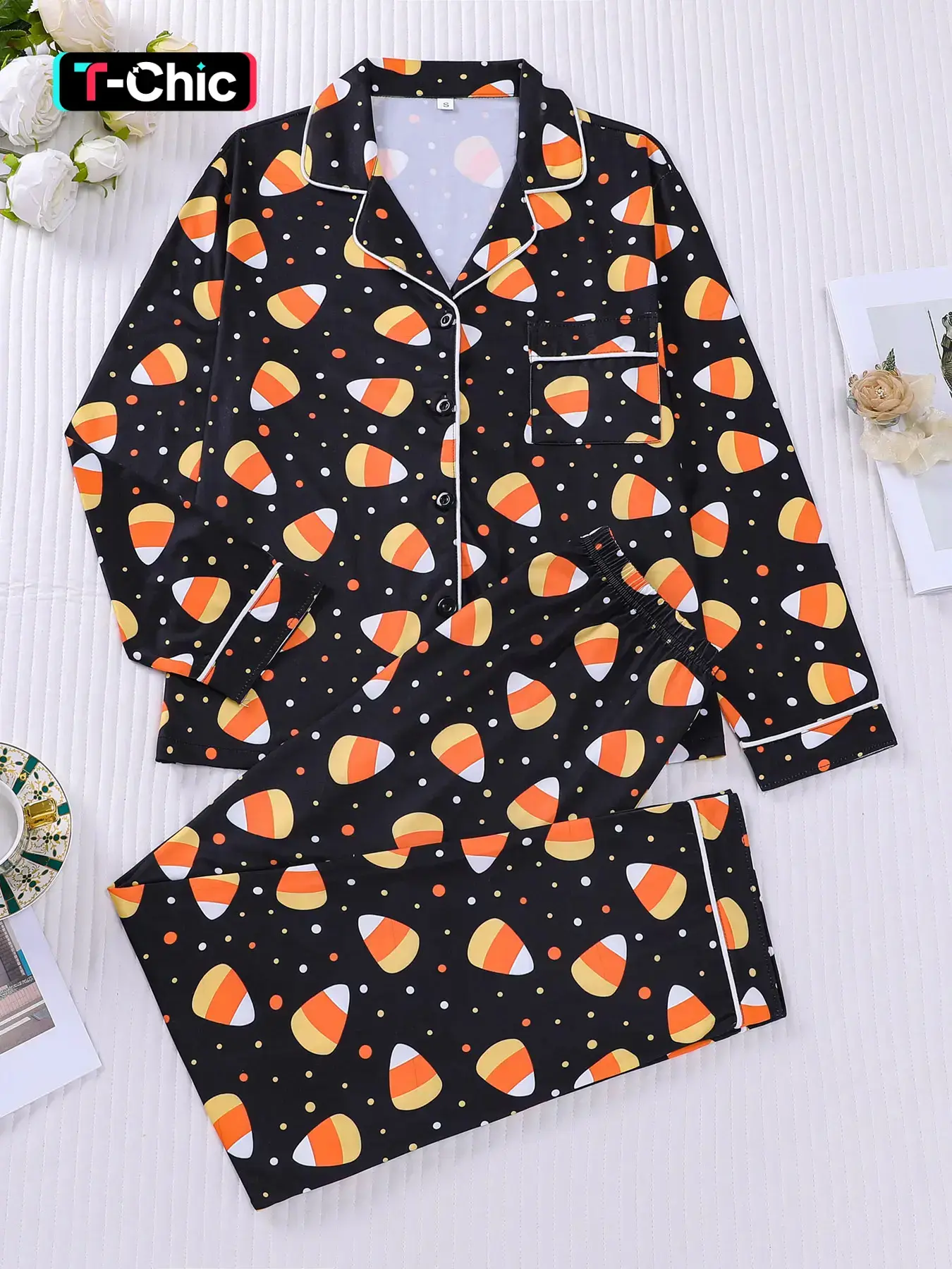 2-piece set, Loungewear set, Comfy Pyjama Set, Pajama with colorful polka dot, long sleeved pants, soft, smooth top, small pocket, button closure, elastic waistband, suitable for all seasons home casual, Knitted