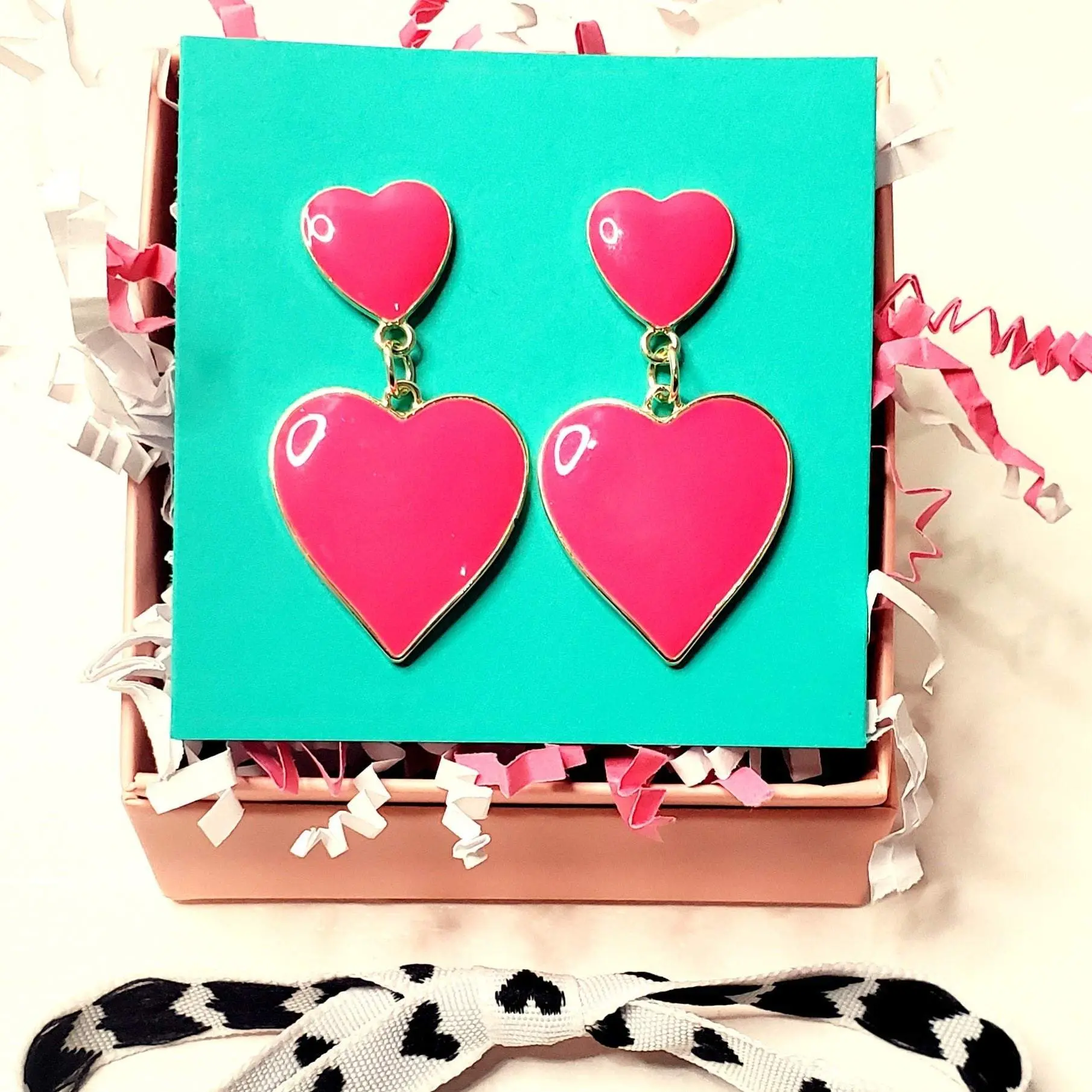 Hot Pink Enamel Heart Dangle Earrings in Gold Alloy Base