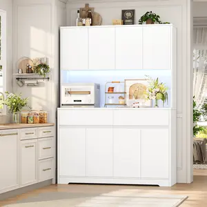 FOTOSOK 71" Tall Pantry Cabinet with LED Lights and Charging Station, 47.2" Wide Kitchen Cabinet with Microwave Stand, Tall Storage Cabinet for Living Room