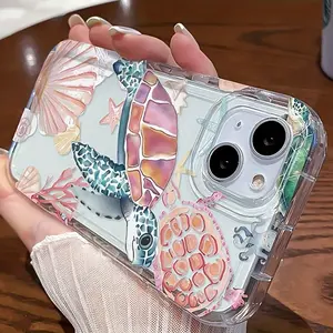 light colored sea turtle and scallop pattern transparent air cushion phone case transparent protective case suitable for iPhone 16 15 14 13 12 11 Pro Max Plus series  - good-looking sea turtle ocean element pattern holiday gift couple Protection Protector