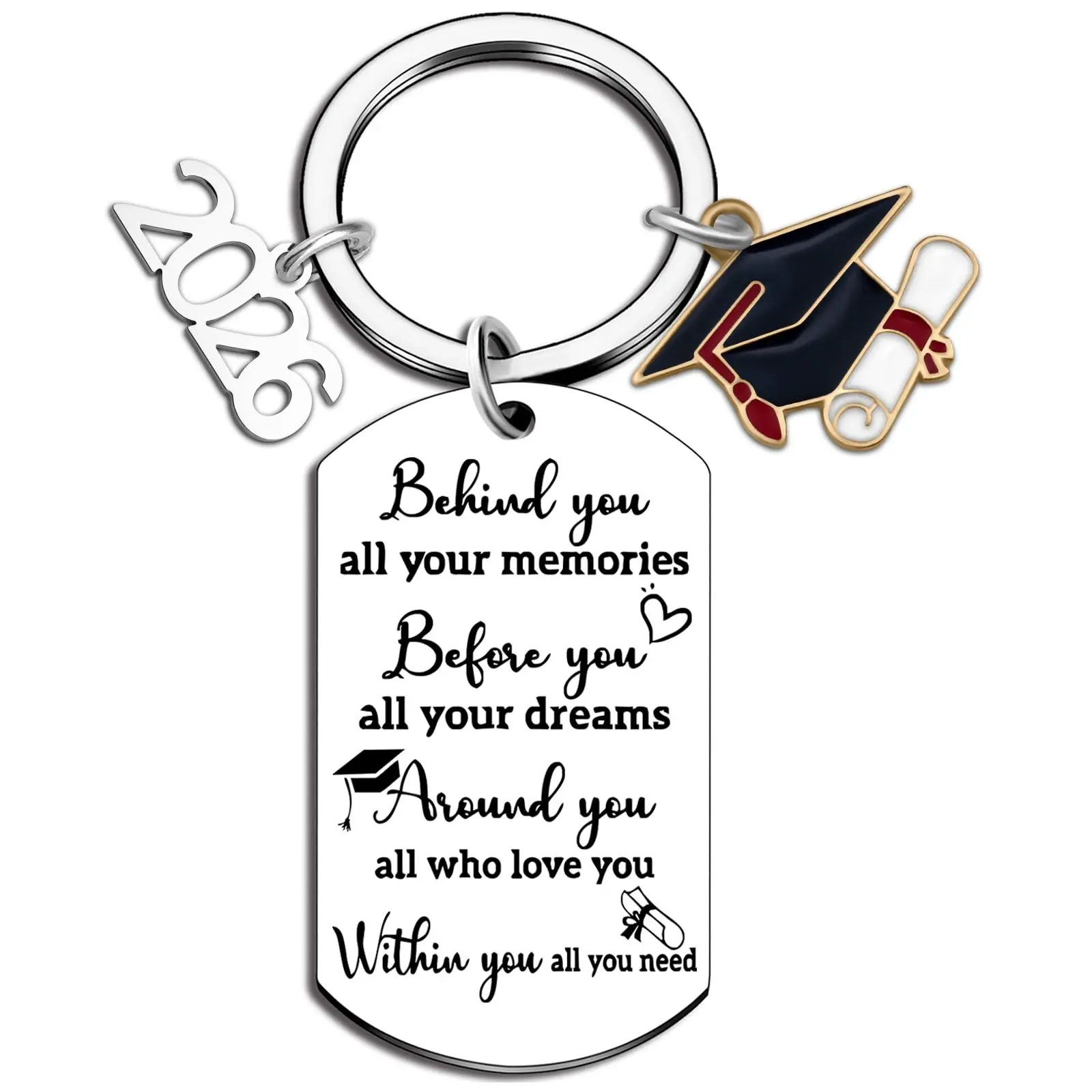Class of 2026 Graduation Metal Keychain, Durable Stainless Steel Symbolic Souvenir Gift for Master's Students, Keychain Accessories with Grad Cap & Diploma Charms, Unisex Adults