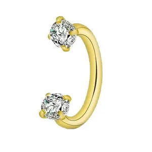 Gold Plated C-Shape Horseshoe Septum Nose Ring - Double Round Prong-Set CZ, Hypoallergenic Stainless Steel, Bling Body Piercing Jewelry for Ear Cartilage, Facial Piercings
