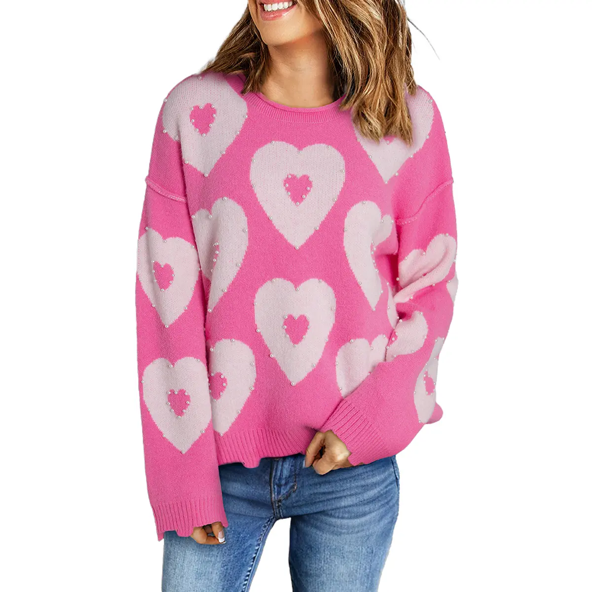 Asvivid Women's Valentine's Day Faux Pearl Daisy Sweater Beaded Floral Drop Shoulder Sweet Sweaters Tops