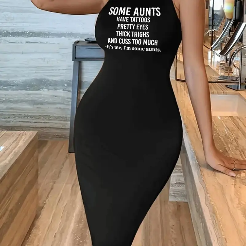 Women's Letter Print Round Neck Bodycon Pencil Dress, Fashion Casual Crew Neck Short Sleeve Dress for Daily Outdoor Wear, Ladies Clothes for All Seasons, Fitted Dresses, Womenswear