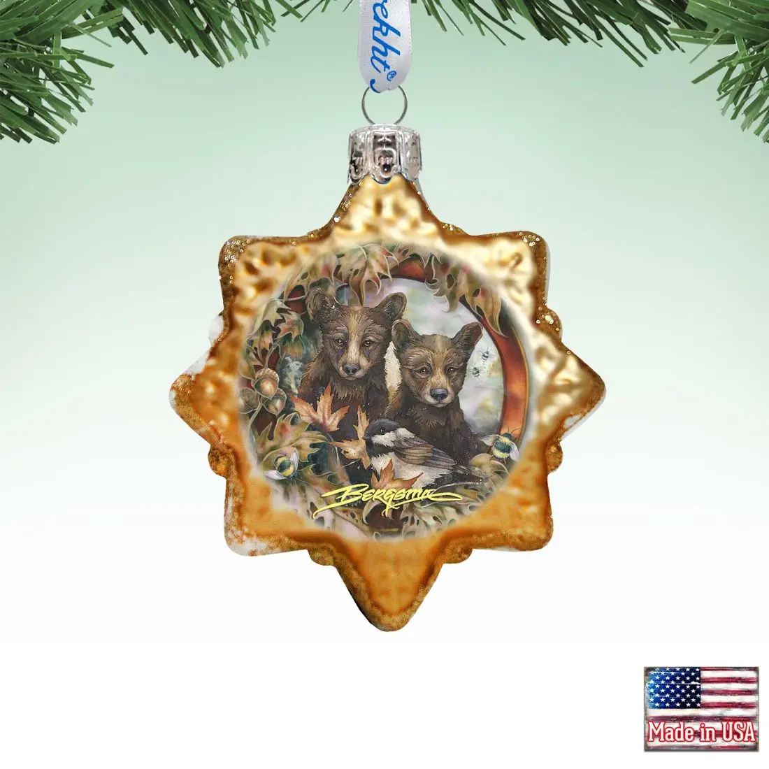 Designocracy 7783850-JB 3x2 in. Handmade Wildlife Black Bear Cubs Gold Mercury Glass Christmas Tree Ornaments, Satin-Accented Decorative Indoor Holiday Home Gift with Gift Box