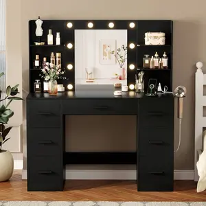 Vanity Desk Set With Power Outlet, Makeup Vanity Table  Brightness Adjustable 7 Drawers For Storage,   Makeup Vanity Desk With Outlets, Large Mirror With Light Bulbs Color & Brightness Adjustable,  7 Drawers For Storage With Hairdryer Holder Christmas Gif