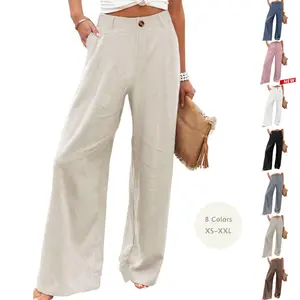 Yeokou Womens Cotton Linen Pants Casual Button Up High Waisted Wide Leg Trousers, Bottoms, Casual Chic Trousers