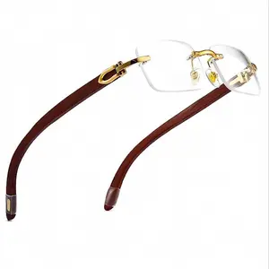 Men's Rimless Wood Gold Frame Luxury Retro Vintage Hip Hop Clear Lens Glasses