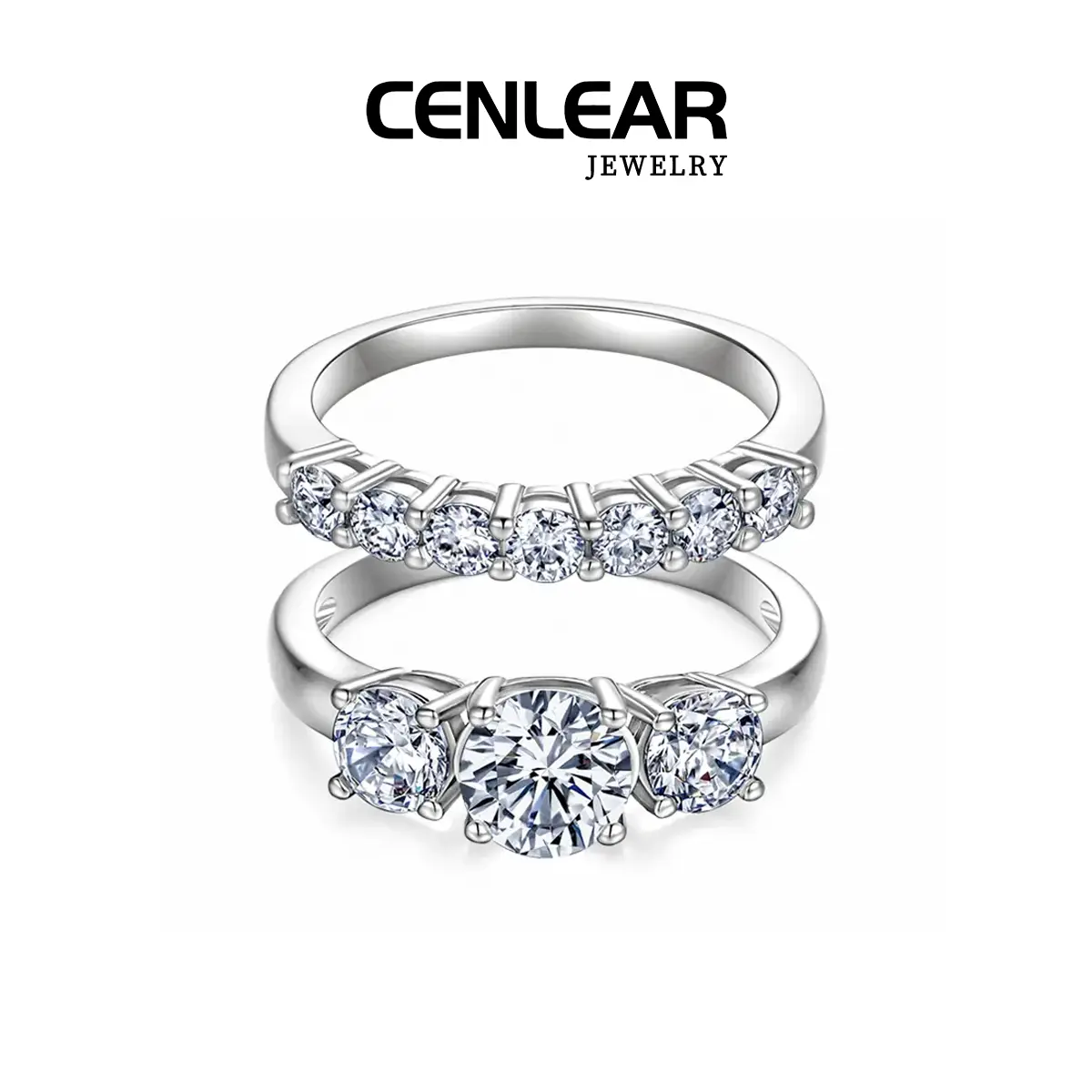 CENLEAR Female Stunning Ring Set - Women's 18K Gold-Plated Lab-Grown 2-Carat 3-Stone Stackable Fine Moissanite Wedding Rings Set for Engagement, Valentine's Day Gift