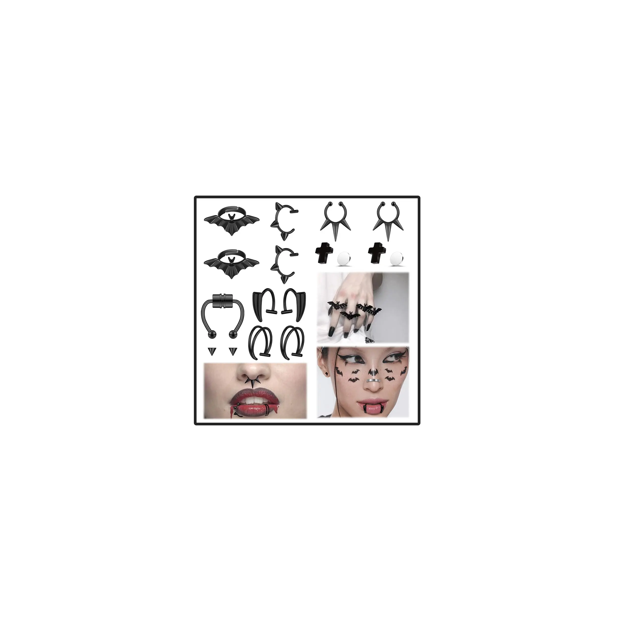 9pcs Set - Septum Nose Ring  Vampire Teeth Lip Clip-on Cuff Faux Ear Earrings Hoop Non Pierced Body For Men Women